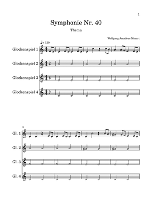 Mozart - Melodie from Symphony No. 40 for glockenspiel or xylophone with note names with accompanime