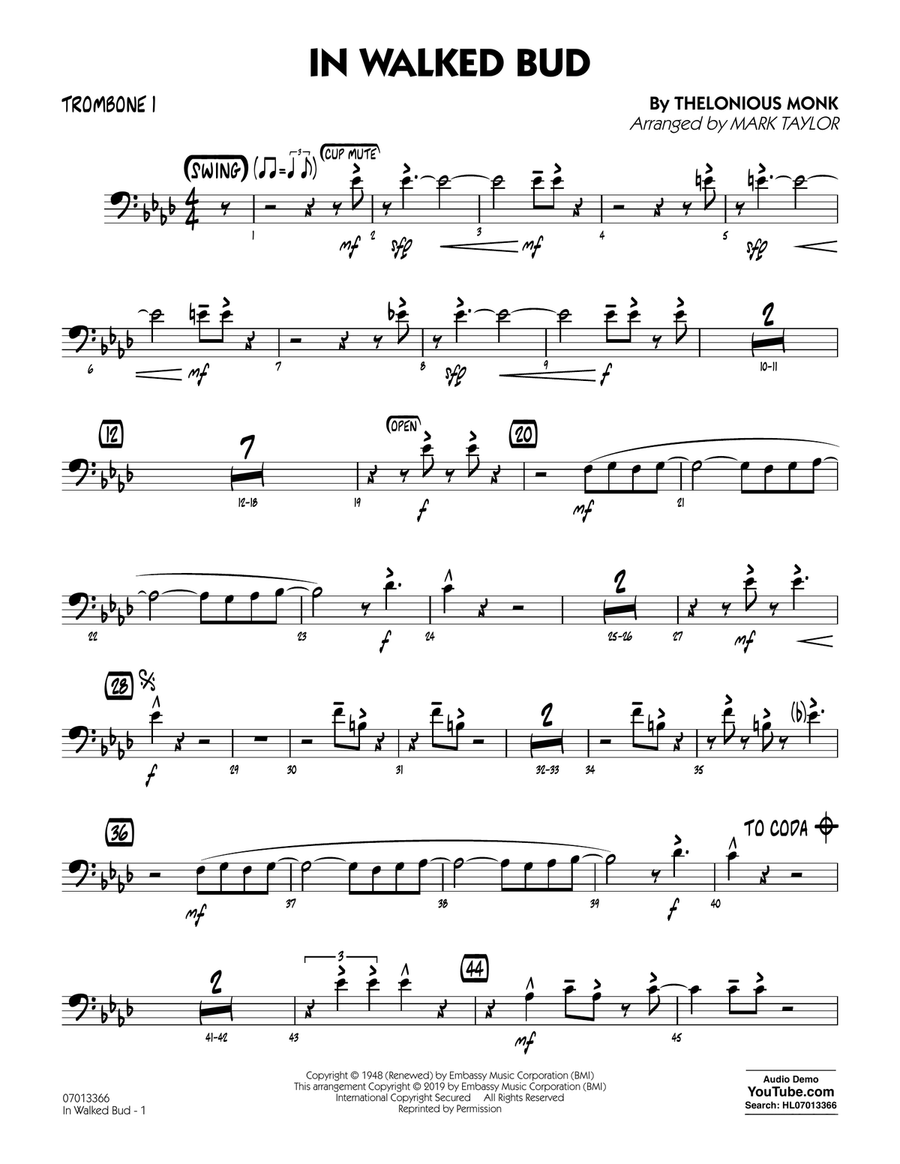 In Walked Bud (arr. Mark Taylor) - Trombone 1