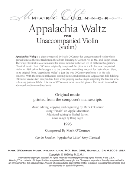 Appalachia Waltz (unaccompanied violin) by Mark O'Connor Violin Solo - Digital Sheet Music