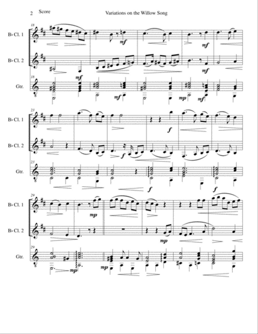 Variations on The Willow Song for 2 clarinets and guitar Clarinet Duet scores gallery preview page 2