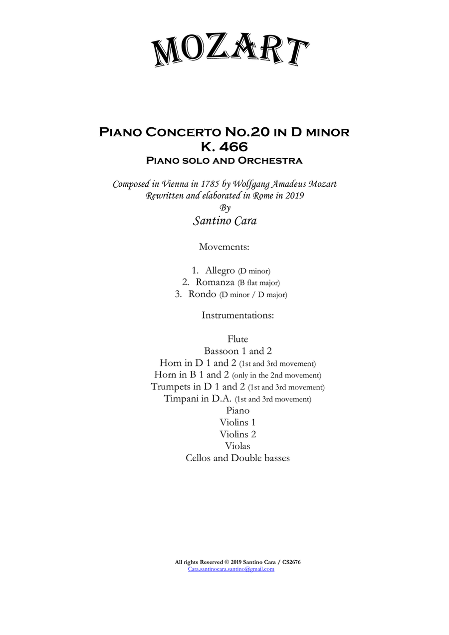 Mozart - Piano Concerto No.20 in D minor K 466 for Piano and Orchestra String Orchestra scores gallery preview page 1