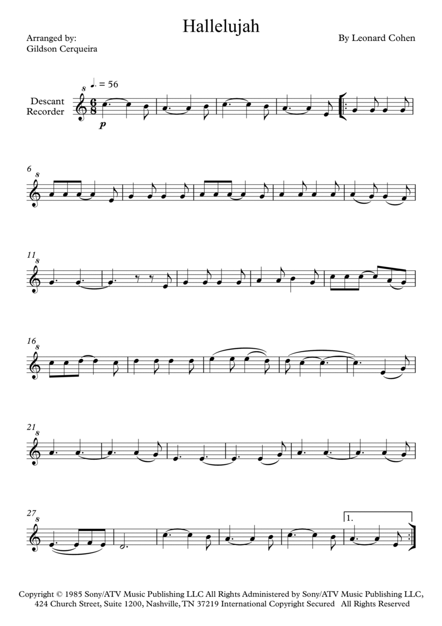 Hallelujah Hallelujah Soprano Recorder scores gallery preview page 1