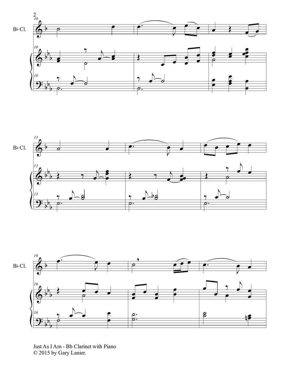 Gary Lanier: JUST AS I AM (Duet – Bb Clarinet & Piano with Parts) Woodwind Duet scores gallery preview page 3