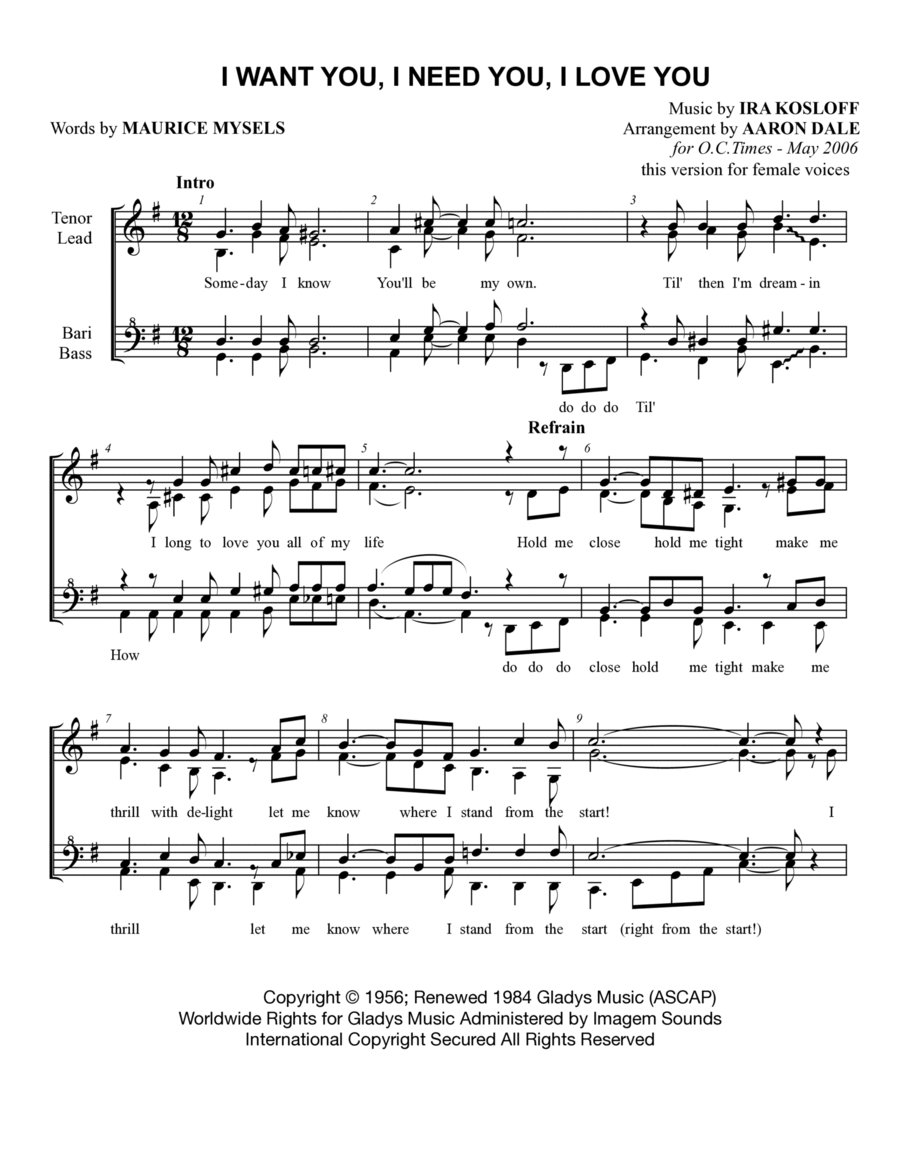I Want You, I Need You, I Love You SSAA scores gallery preview page 1
