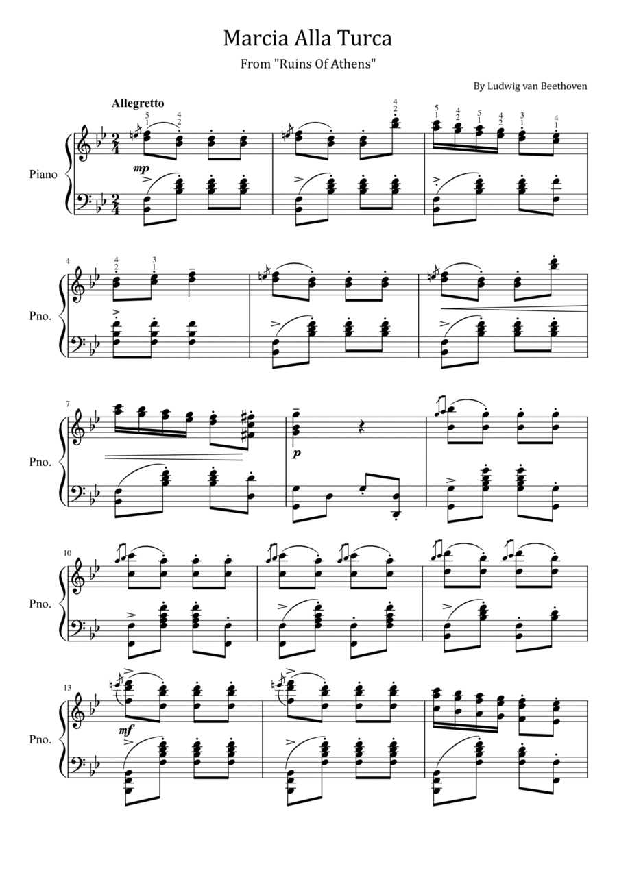 Beethoven - Marcia Alla Turca - Op.113 Original With Fingered - For Piano Solo Piano Solo scores gallery preview page 1