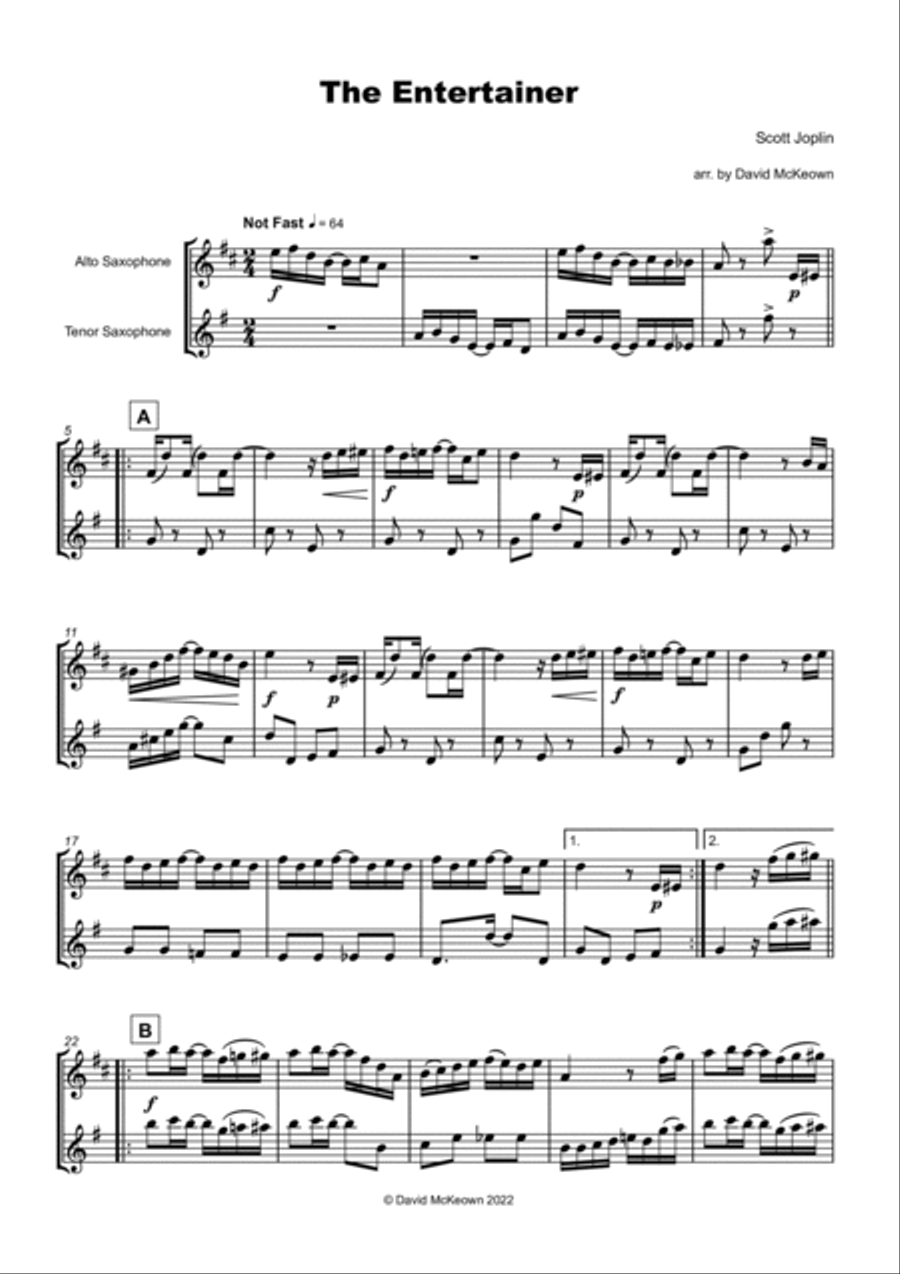 The Entertainer by Scott Joplin, Alto and Tenor Saxophone Duet Woodwind Duet scores gallery preview page 2