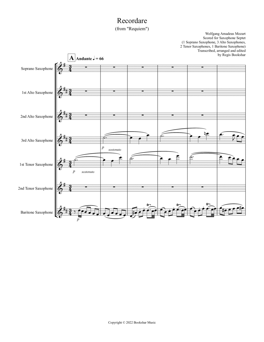 Recordare (from "Requiem") (F) (Saxophone Septet - 1 Sop, 3 Alto, 2 Ten, 1 Bari)