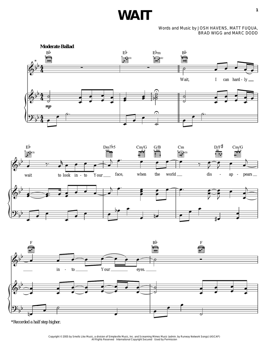 Wait Wait Piano, Vocal, Guitar scores gallery preview page 1