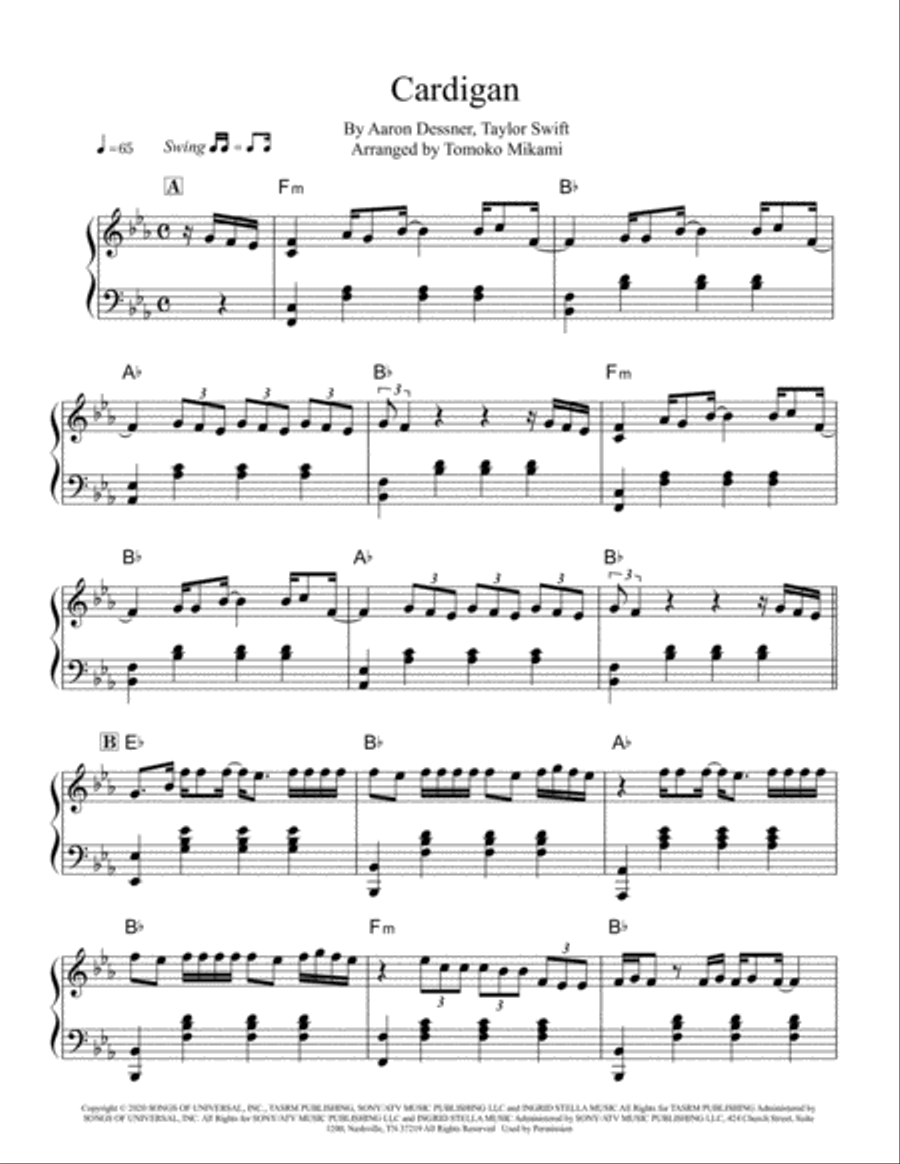 Cardigan Cardigan Piano Solo scores gallery preview page 1