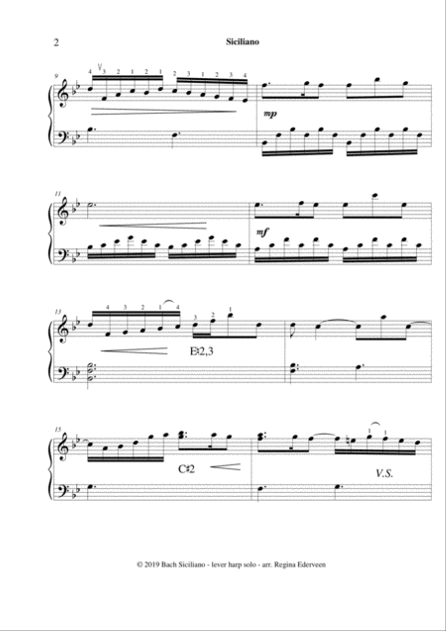 Siciliano (Bach) - lever harp solo Celtic Harp scores gallery preview page 2