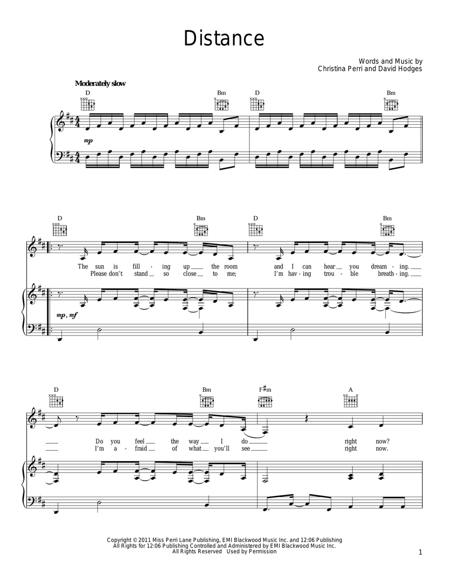 Distance Piano, Vocal, Guitar scores gallery preview page 1