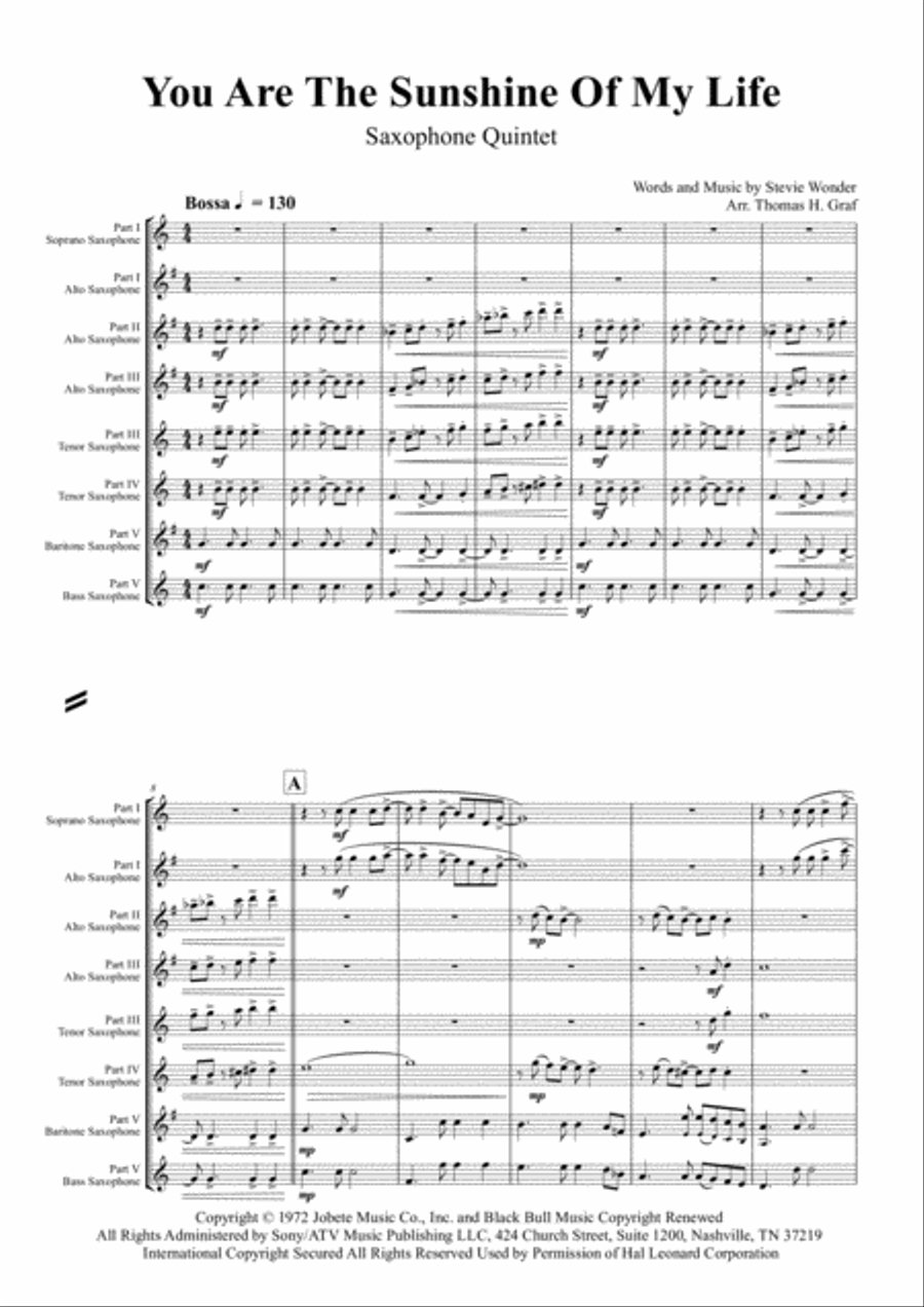 You Are The Sunshine Of My Life Saxophone Quintet scores gallery preview page 3