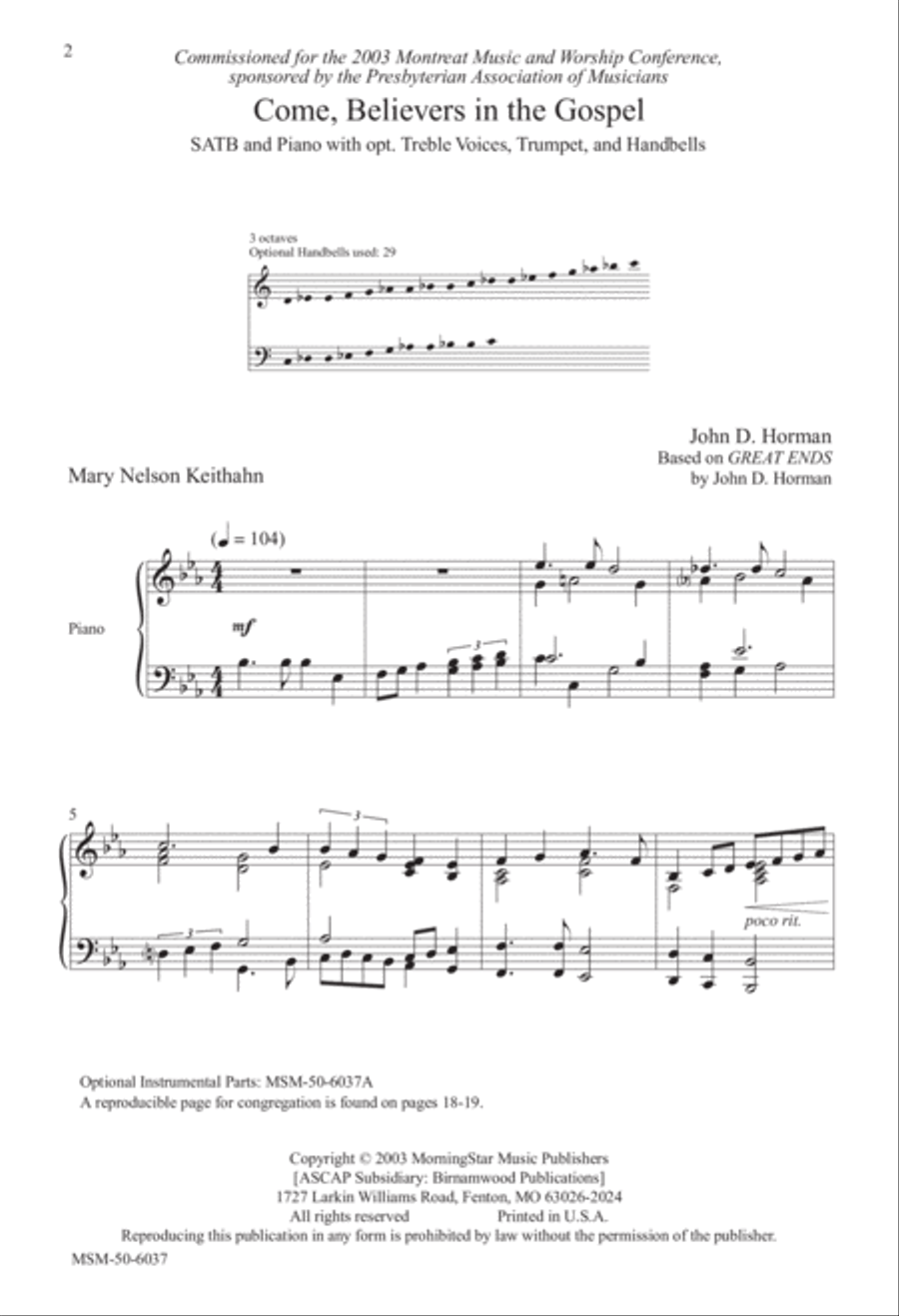 Come, Believers in the Gospel 4-Part scores gallery preview page 2