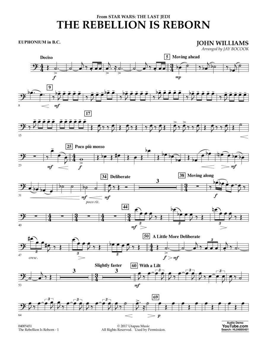 The Rebellion Is Reborn (from Star Wars: The Last Jedi) - Euphonium in Bass Clef Euphonium scores gallery preview page 1