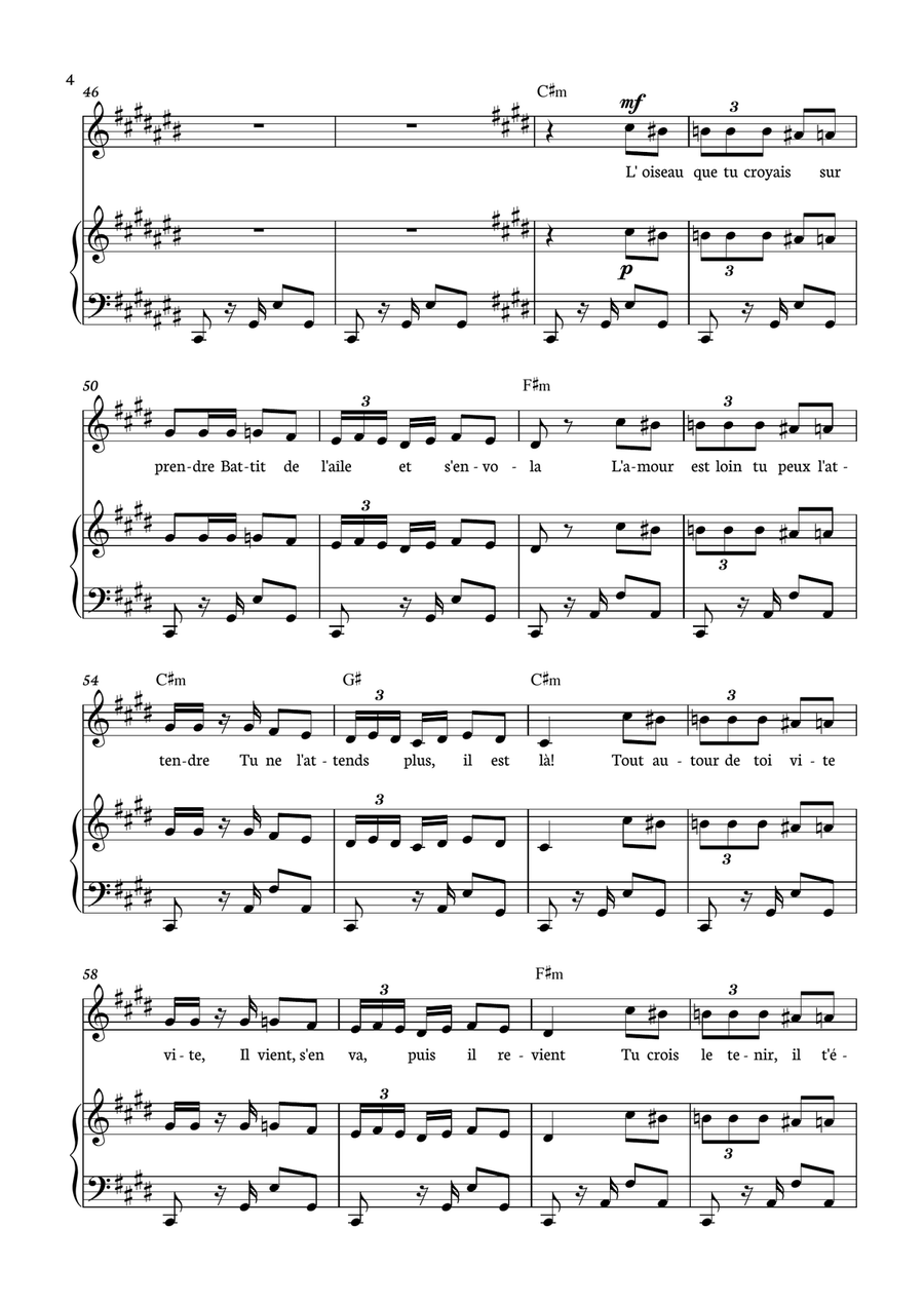 Habanera - Carmen for piano, chords and voice in C# minor. Piano, Vocal scores gallery preview page 4