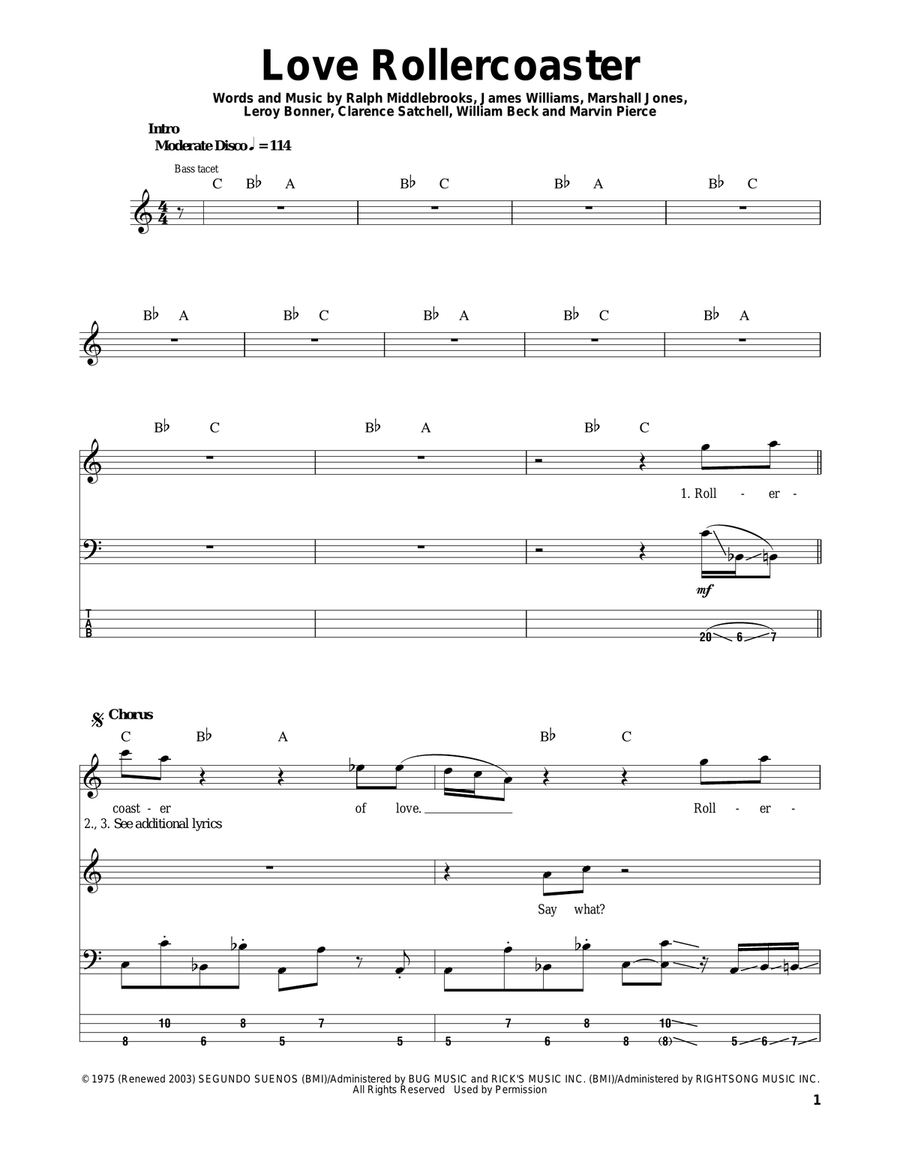 Love Rollercoaster Bass Guitar Tablature scores gallery preview page 1