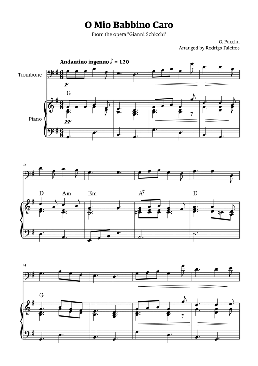 O Mio Babbino Caro - for trombone solo (with piano accompaniment and chords) image number null