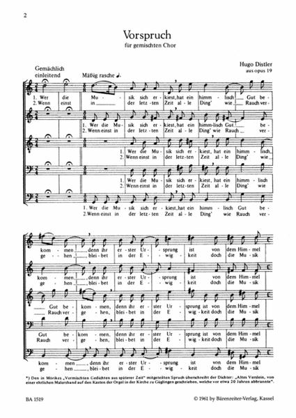 Vorspruch "Wer die Musik sich erkiest,", Op. 19