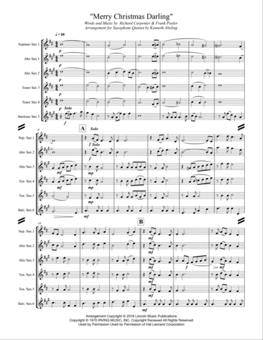 Merry Christmas, Darling Saxophone Quintet scores gallery preview page 2