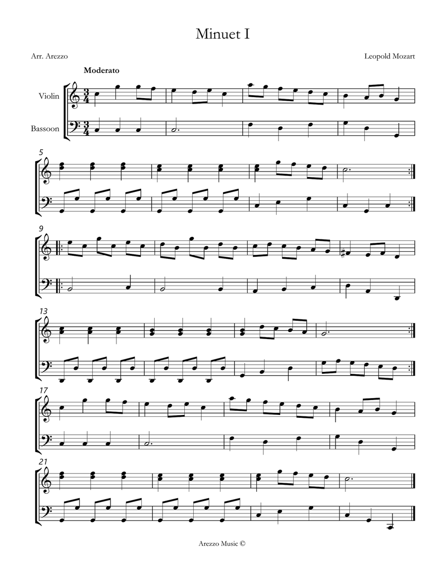 leopold mozart notebook for wolfgang minuet I violin and Bassoon sheet music Chamber Music scores gallery preview page 1
