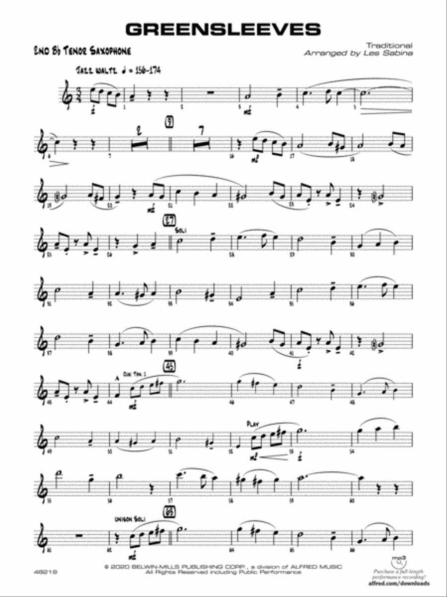 Greensleeves: 2nd B-flat Tenor Saxophone Jazz Ensemble scores gallery preview page 1