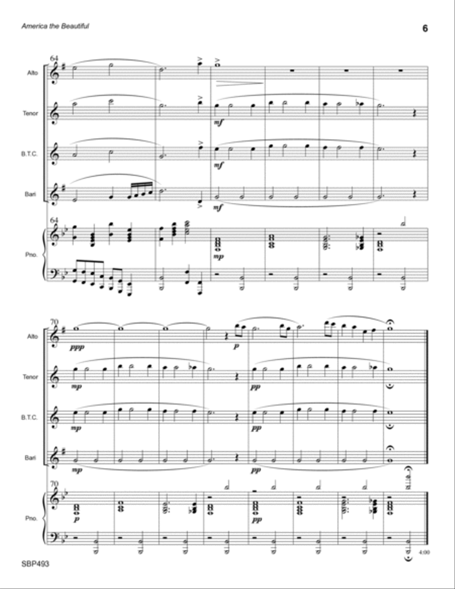 AMERICA THE BEAUTIFUL - AAB or ATB Saxes and Trombone (or Baritone TC) with optional Piano Small Ensemble scores gallery preview page 6