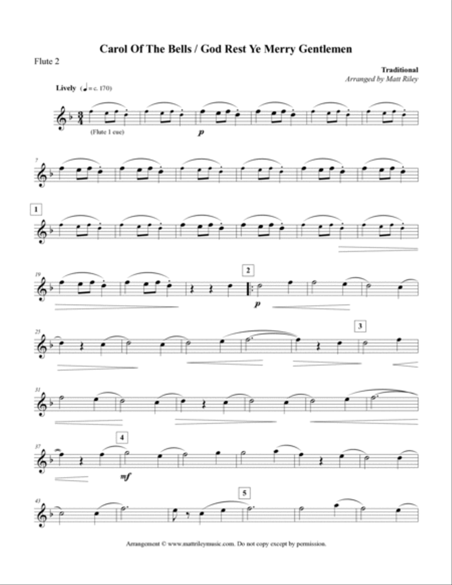 Carol of the Bells / God Rest Ye Merry Gentlemen - 4 Flutes (with 2 optional Alto Flute parts) Flute Quartet scores gallery preview page 5