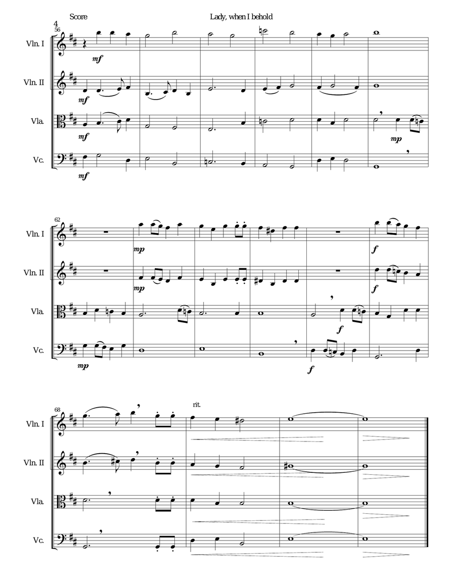 Lady, when I behold arranged for string quartet String Quartet scores gallery preview page 4