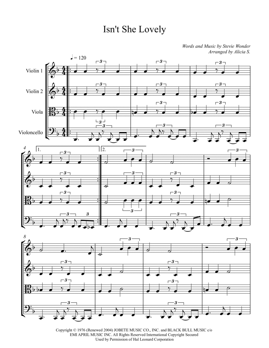 Isn't She Lovely String Quartet scores gallery preview page 1