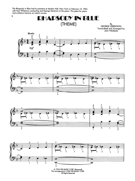 Rhapsody In Blue Theme - Easy Piano Solo