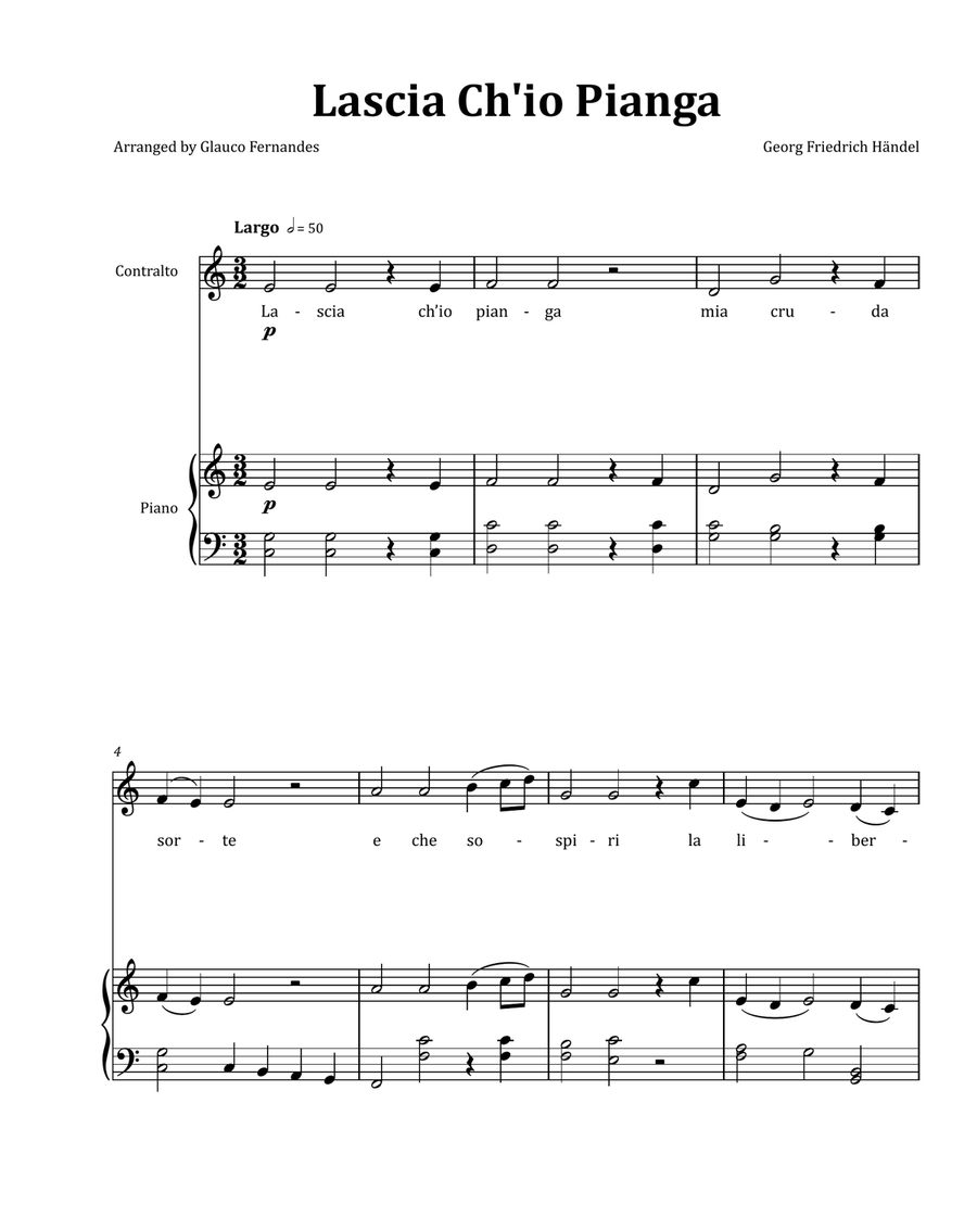 Lascia Ch'io Pianga by Händel - Contralto & Piano in C Major Chamber Music scores gallery preview page 1