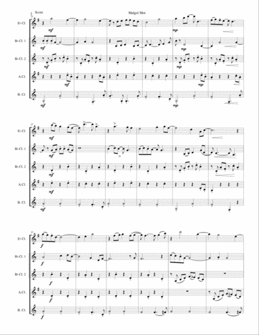 Malgré Moi for clarinet quintet (E flat, 2 B flats, alto and bass) Clarinet Quintet scores gallery preview page 2