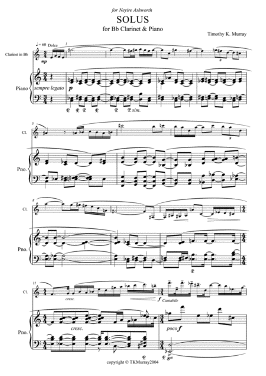 Murray - Solus - Clarinet & Piano Clarinet Solo scores gallery preview page 1