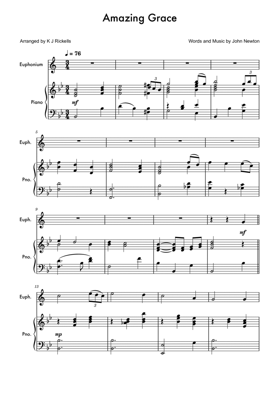 Amazing Grace - Euphonium/Baritone (treble clef) Baritone Horn TC scores gallery preview page 1