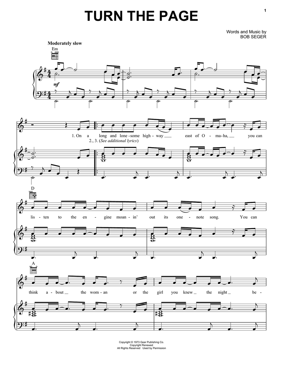 Turn The Page Piano, Vocal, Guitar scores gallery preview page 1