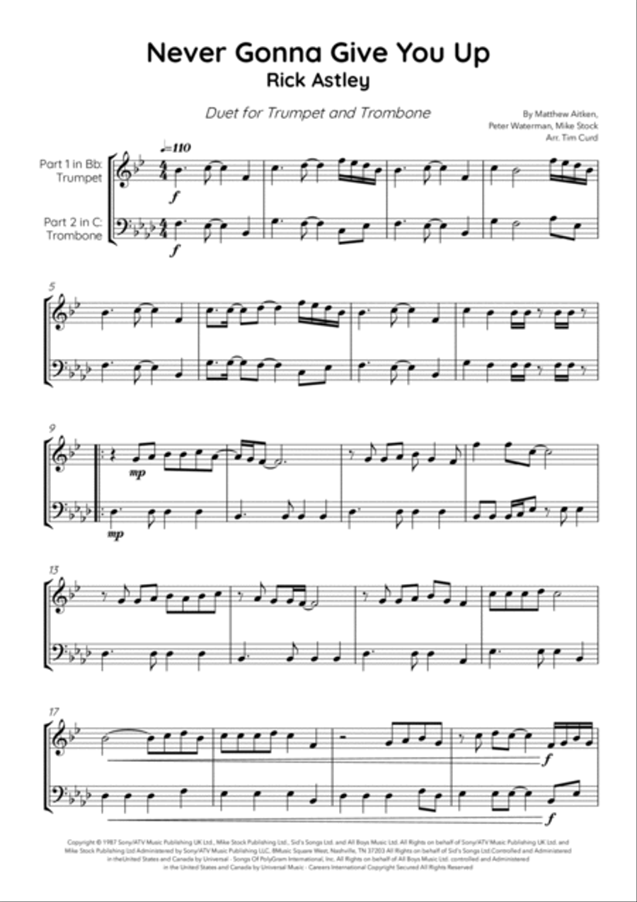 Never Gonna Give You Up Brass Duet scores gallery preview page 2
