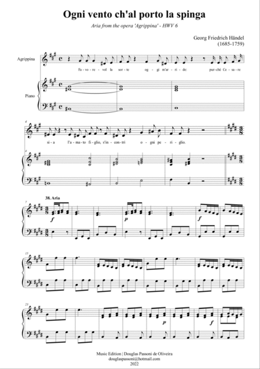 Ogni vento ch'al porto la spinga (Agrippina) (E major) Voice scores gallery preview page 2