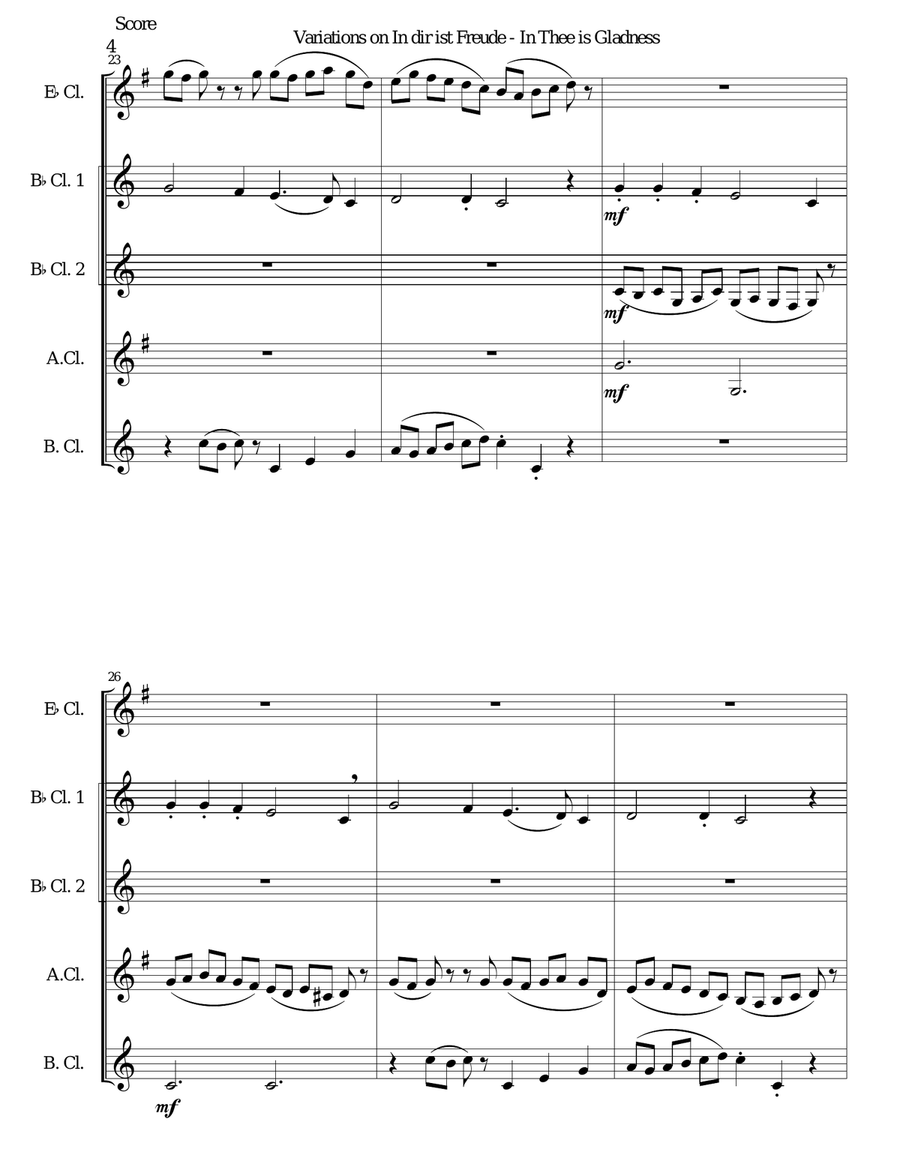 In dir ist Freude (In Thee is gladness) for clarinet quintet (E flat, 2 B flats, Alto, Bass) Clarinet Quintet scores gallery preview page 4
