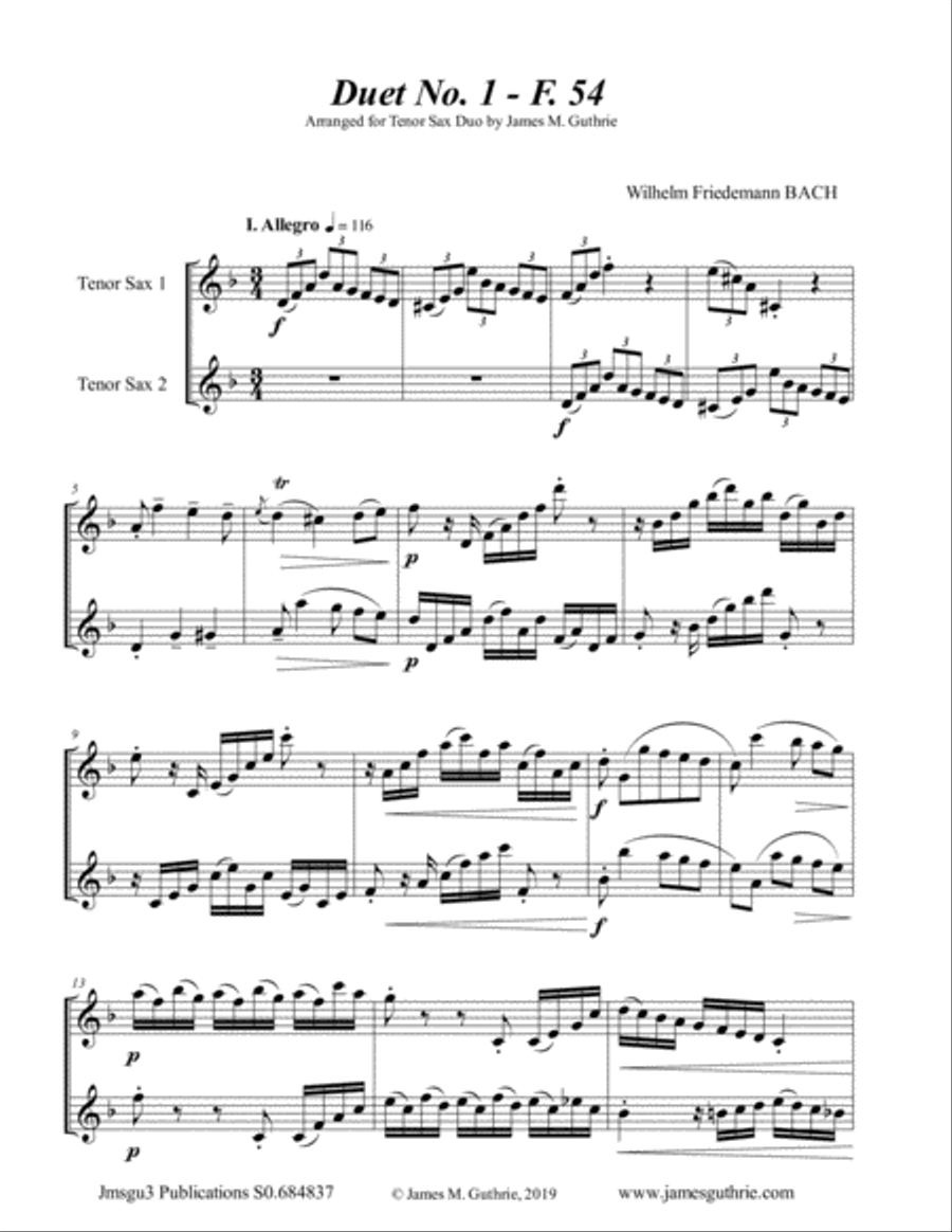 WF Bach: Duet No. 1 for Tenor Sax Duo Woodwind Duet scores gallery preview page 1
