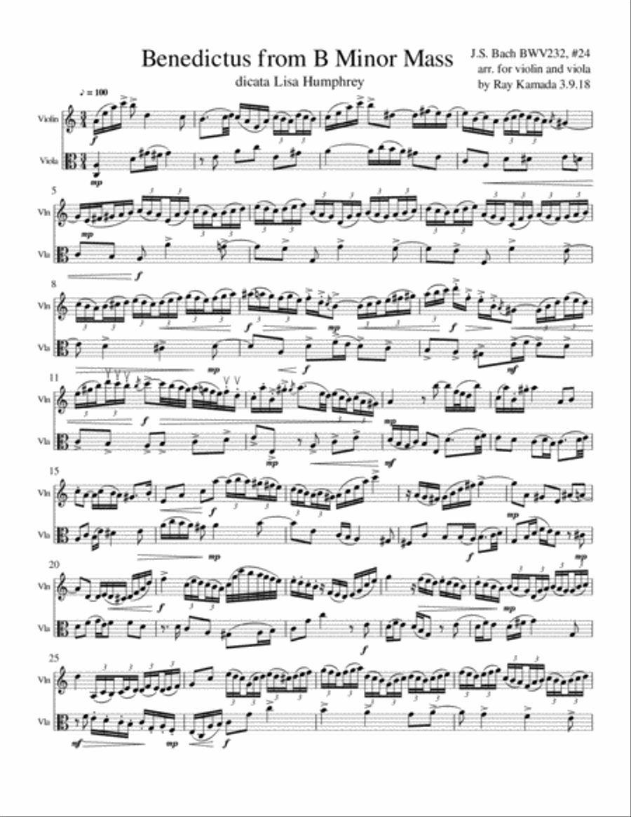 Benedictus, from J. S. Bach's B Minor Mass, for Violiln/Viola Duo String Duet scores gallery preview page 1