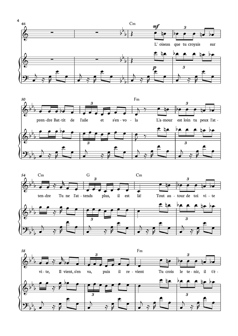 Habanera - Carmen for piano, chords and voice in C minor. Piano, Vocal scores gallery preview page 4