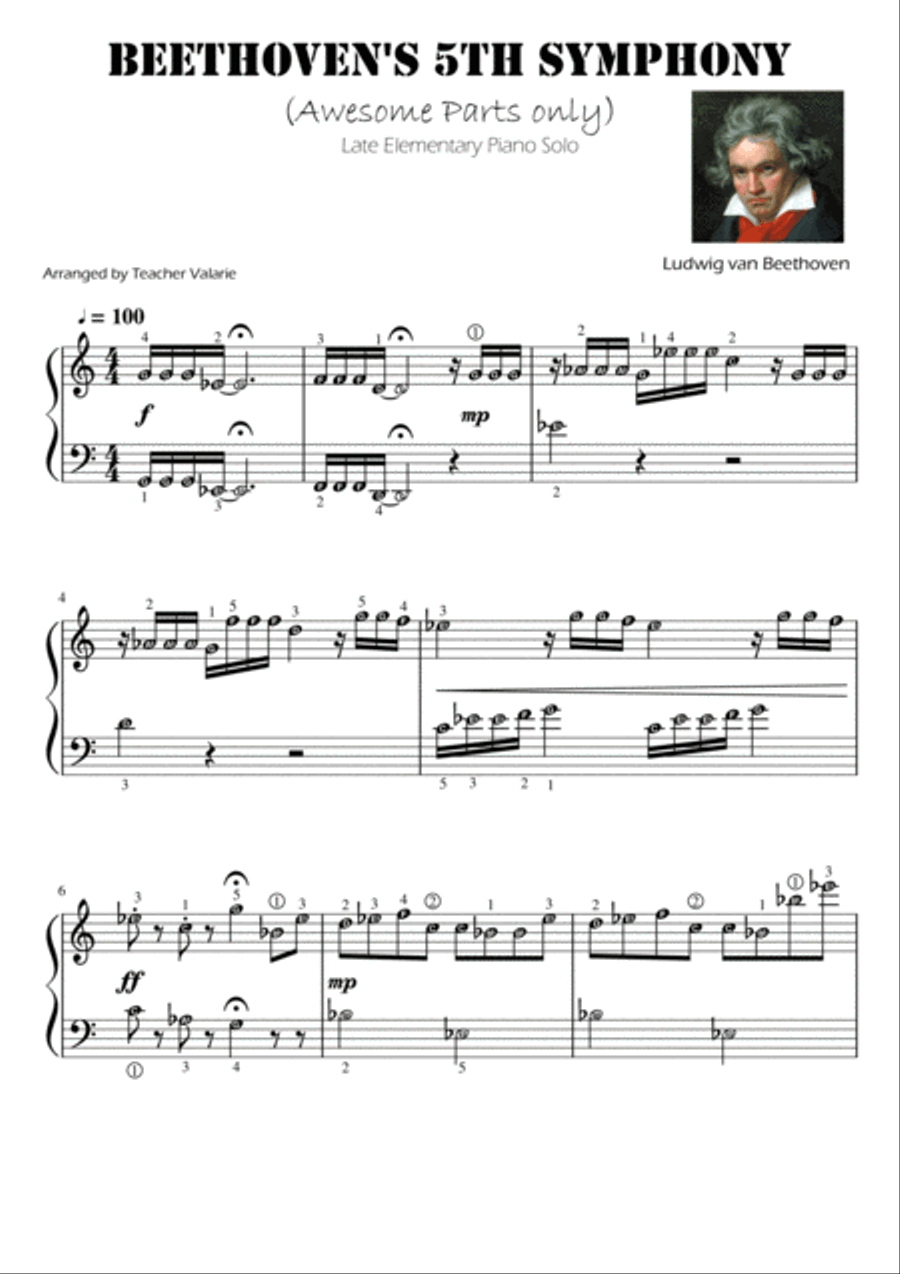 Beethoven's 5th Symphony - Piano Solo Grade 1 (awesome parts only) with note names Easy Piano scores gallery preview page 1