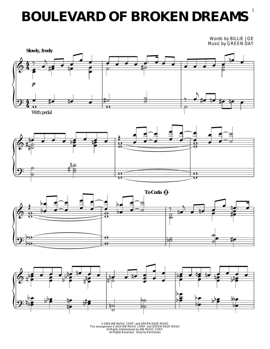 Boulevard Of Broken Dreams Piano Solo scores gallery preview page 1