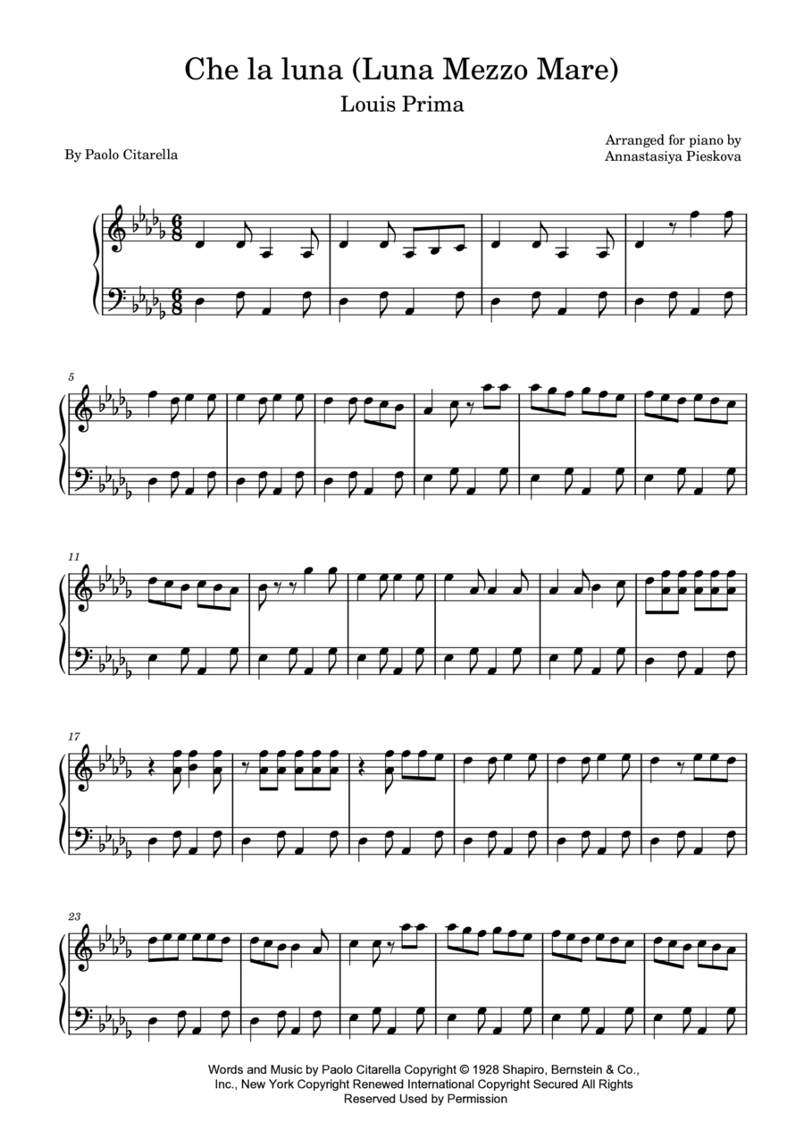 Luna Mezzo Mare Easy Piano scores gallery preview page 1