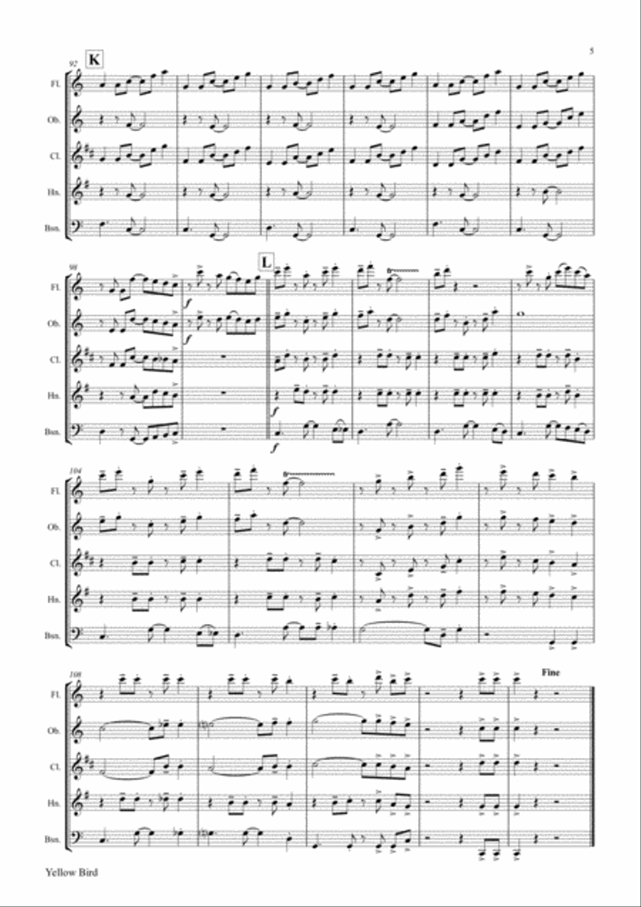 Yellow Bird - Haitian Folk Song - Calypso - Wind Quintet Woodwind Quintet scores gallery preview page 6