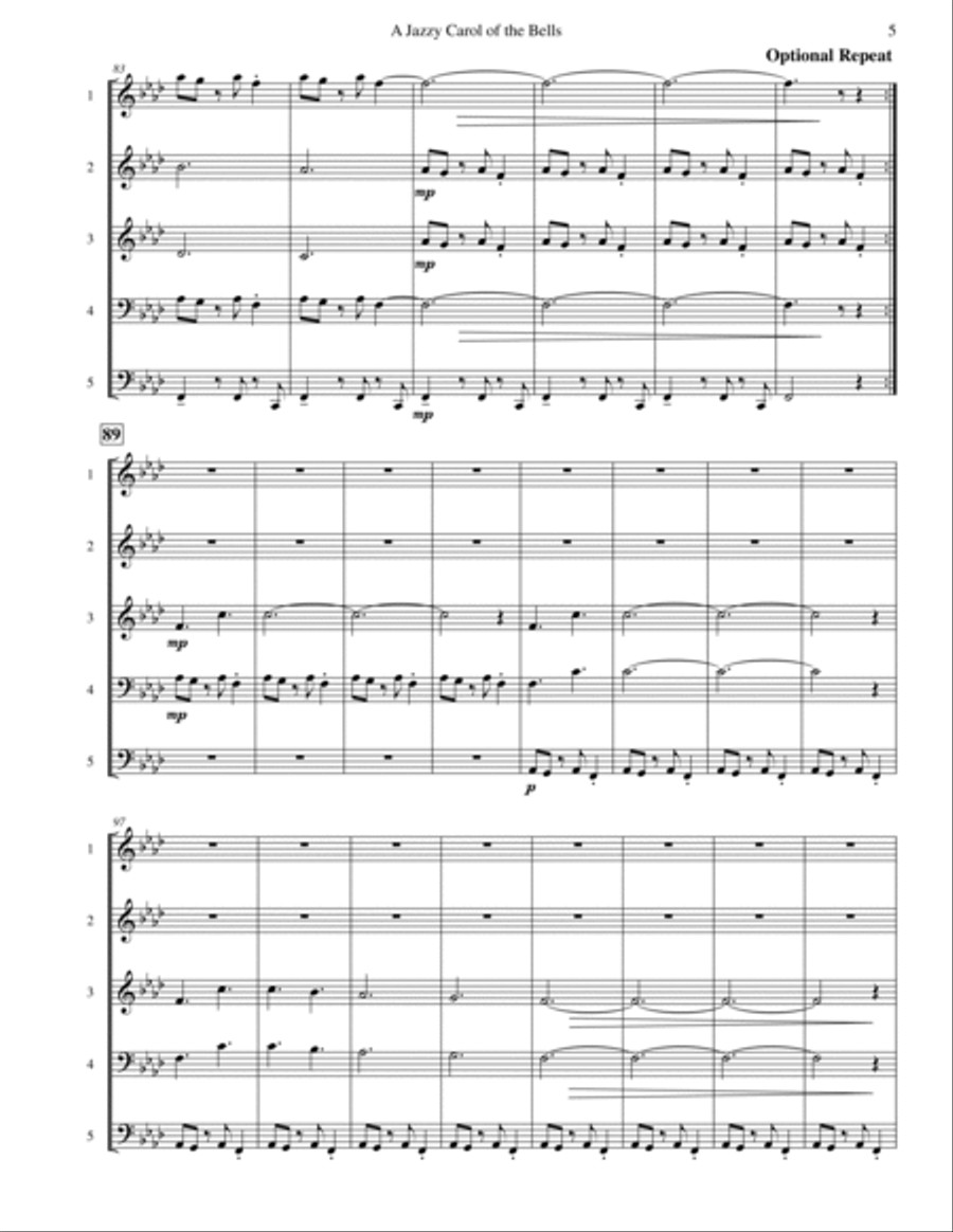 Carol of the Bells (Jazz Waltz for Mixed Quintet) Viola scores gallery preview page 6