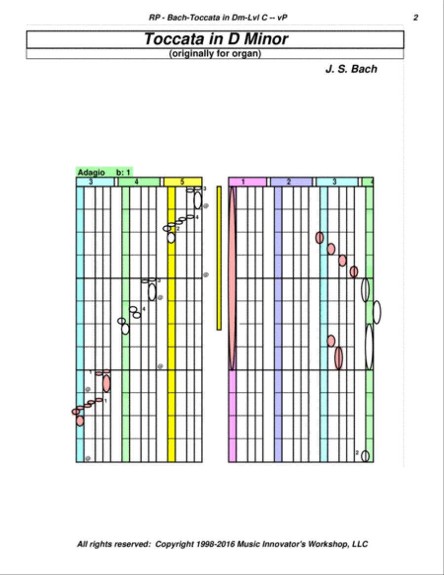 Bach - Toccata in D Minor - Level C - Arr for Piano - (Key Map Tablature) Piano Solo scores gallery preview page 2