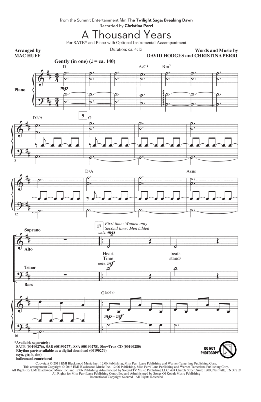 A Thousand Years (arr. Mac Huff) 4-Part scores gallery preview page 1