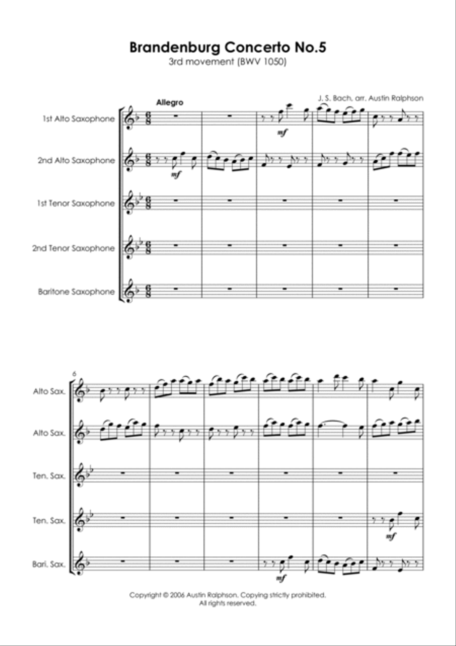 Brandenburg Concerto No.5, 3rd movement - sax quintet Saxophone Quintet scores gallery preview page 3
