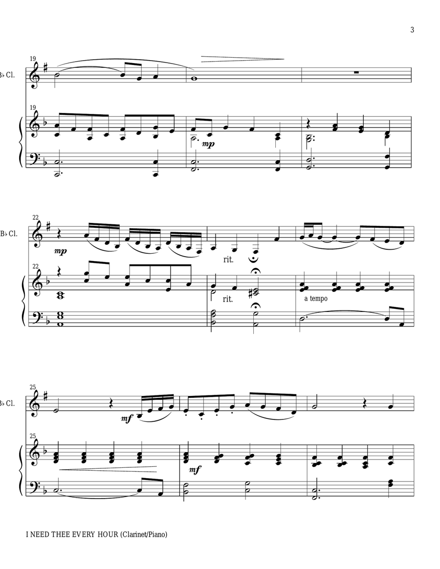 I NEED THEE EVERY HOUR (Bb Clarinet Solo with Piano and Clarinet Part) B-Flat Clarinet scores gallery preview page 3